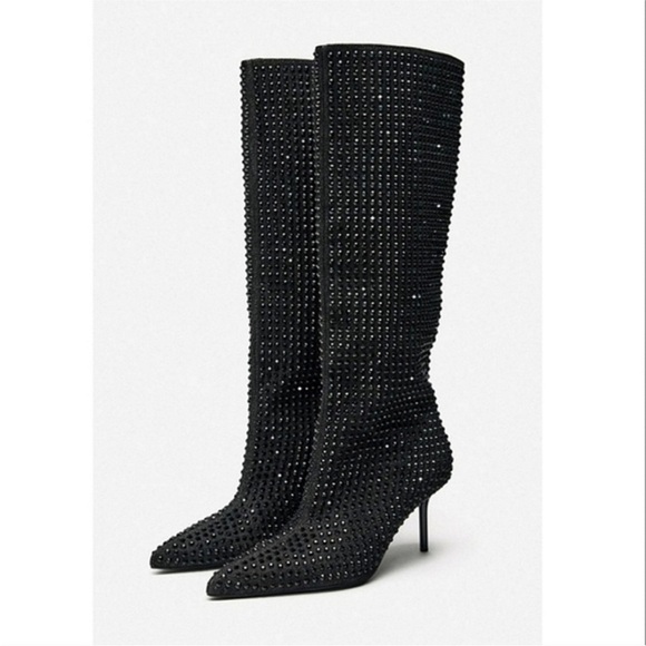 Zara Shoes - ZARA POINTED TOE RHINESTONE HEELED KNEE HIGH BOOTS